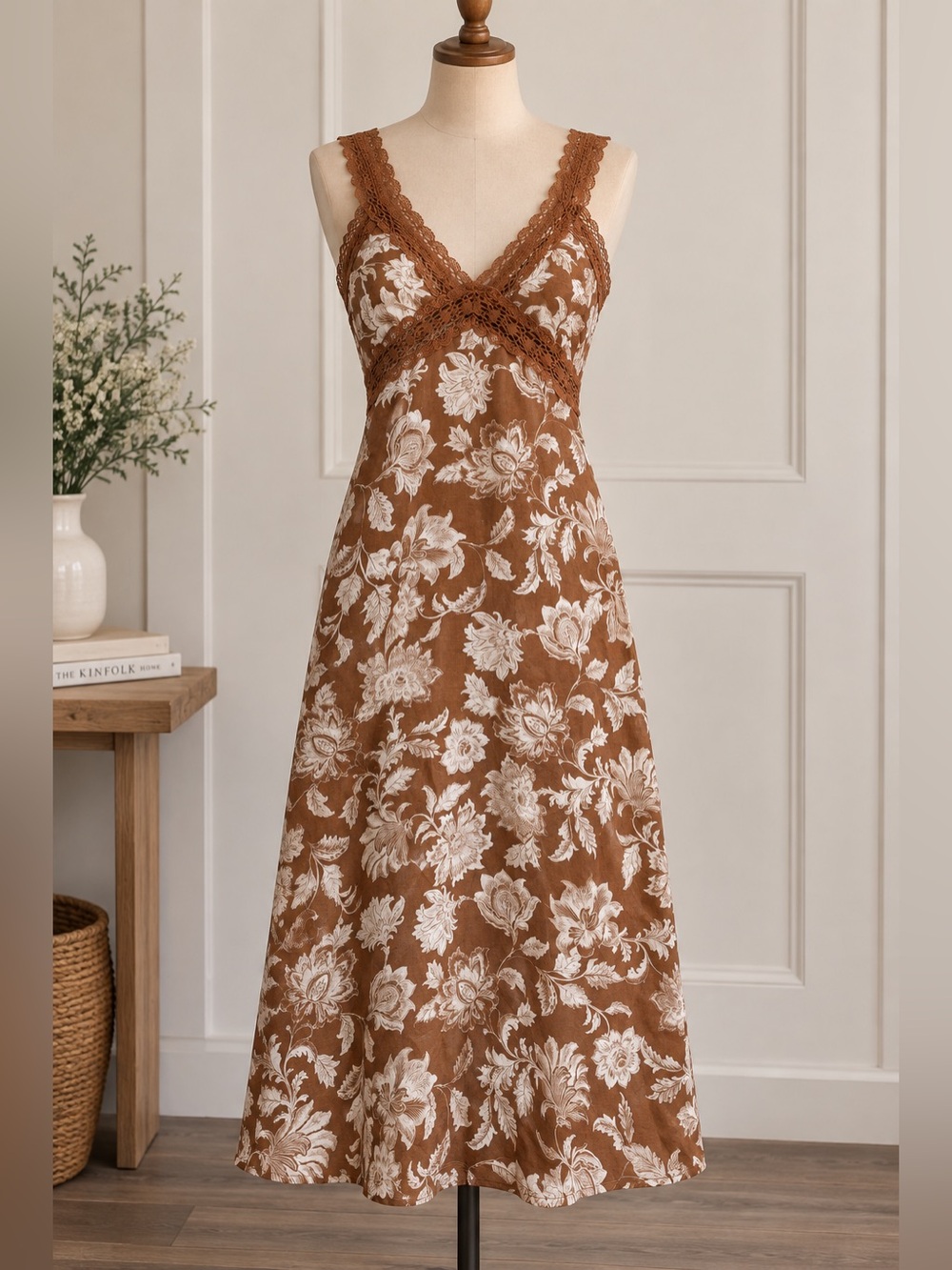LOFT Brown & Cream Floral Lace Trim Midi Dress — Size 2P